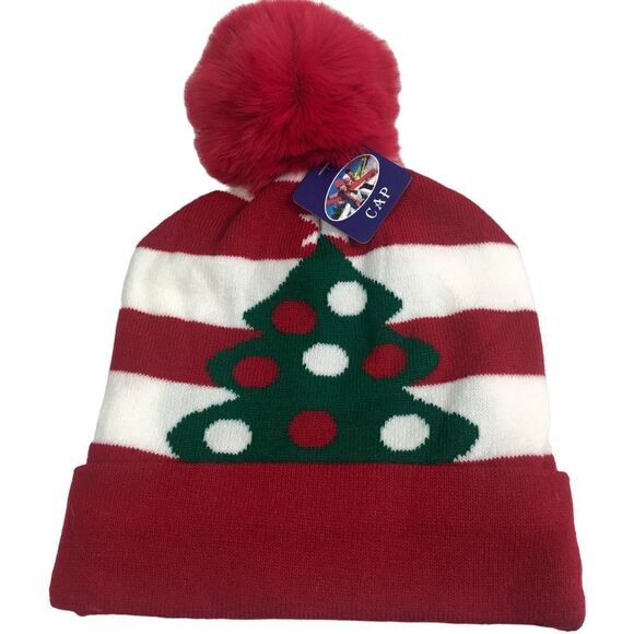 NEW Christmas Tree Knit Pom Pom Beanie Hat - Picture 1 of 9